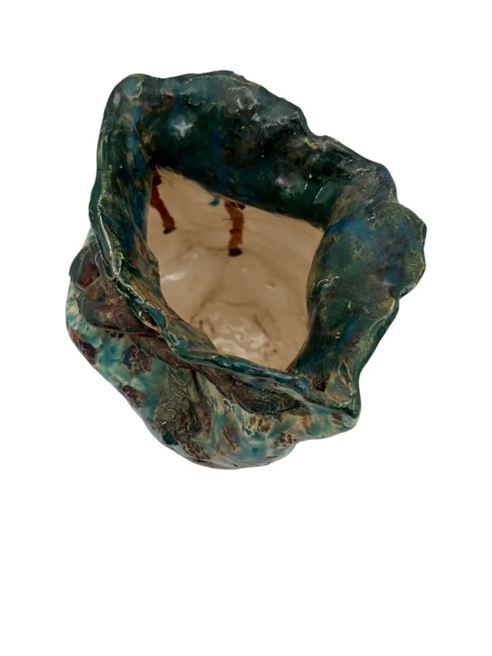 Signed Studio Pottery Vase Teal Drip Glaze Sculptural Art Vessel 5.5in Retro MCM